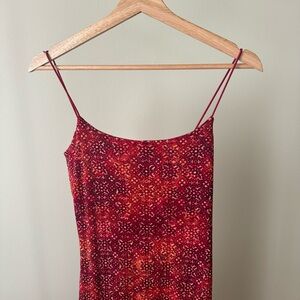 Byer Too! Vibrant Red and Orange Geometric Print Ruffled Mini Dress